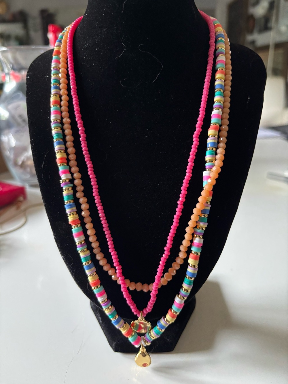 Colorful 3 Strand Beaded Necklace Rainbow Heishi Gold Tone Layered Boho Beach - Picture 2 of 5